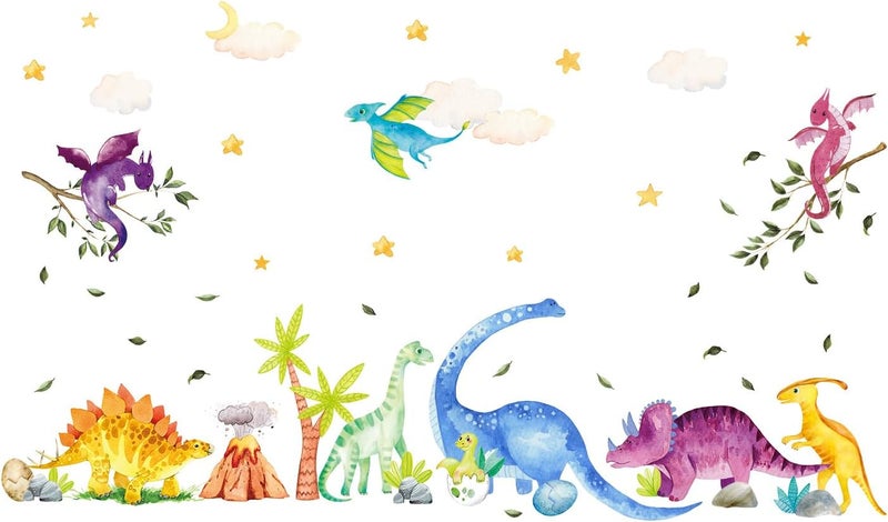 Kasubeso Watercolor Dinosaur Wall Decals, Cartoon Cute Dino Volcanic Wall Stickers, Peel and Stick Star Cloud Wallpaper for Baby Nursery Boys Bedroom Playroom Wall Decor - Image 3